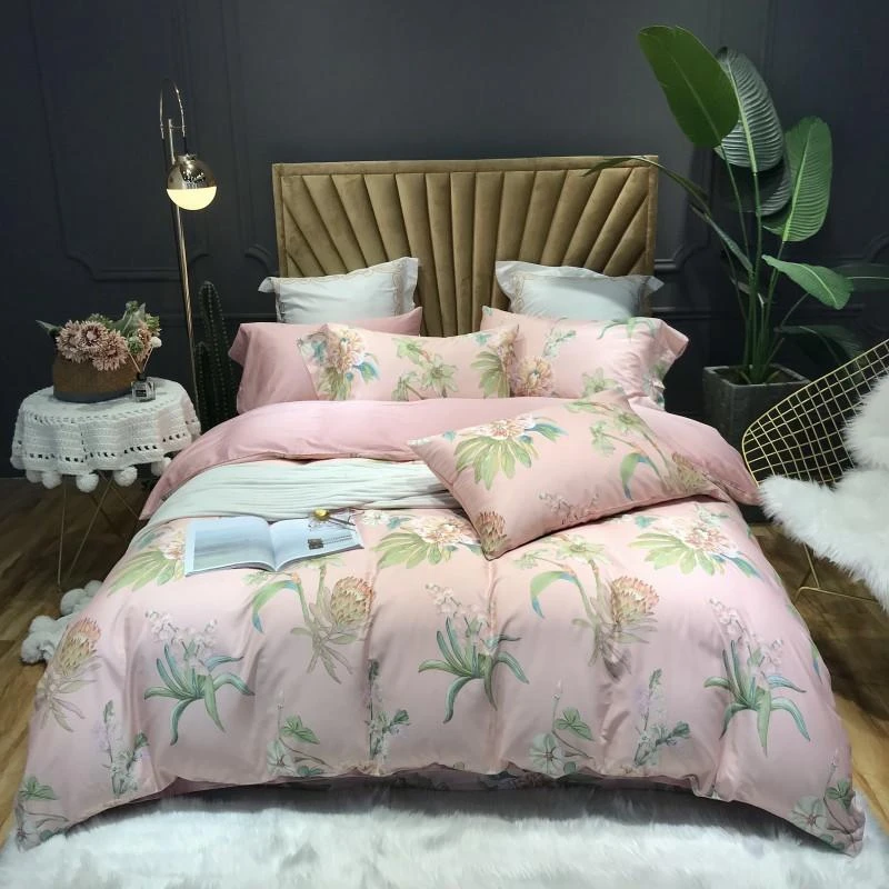 Pink blossom bedding set 100% Egyptian cotton floarl print bed sheets Satin duvet cover pastoral bedspread queen king size | Дом и сад