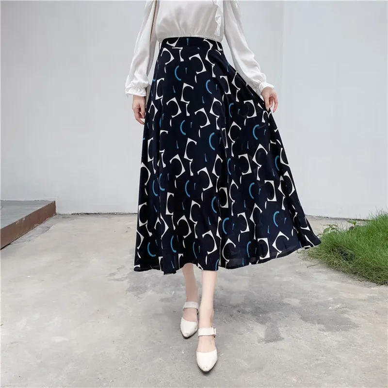 

New Elegant Streetwear Polka Dot Skirt Women Loose Stretch High Waist Jupe Longue Femme A line Chiffon Summer Autumn Maxi Skirts