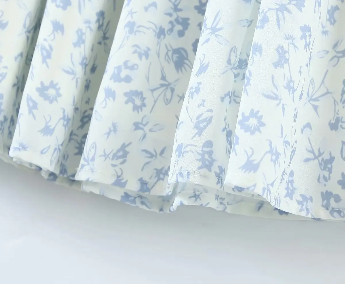 

Women Square Collar Short Sleeve Blue Floral Waist Dress Vintage Puff Sleeve Bow Elastic Waist Chic Female Mini Dresses