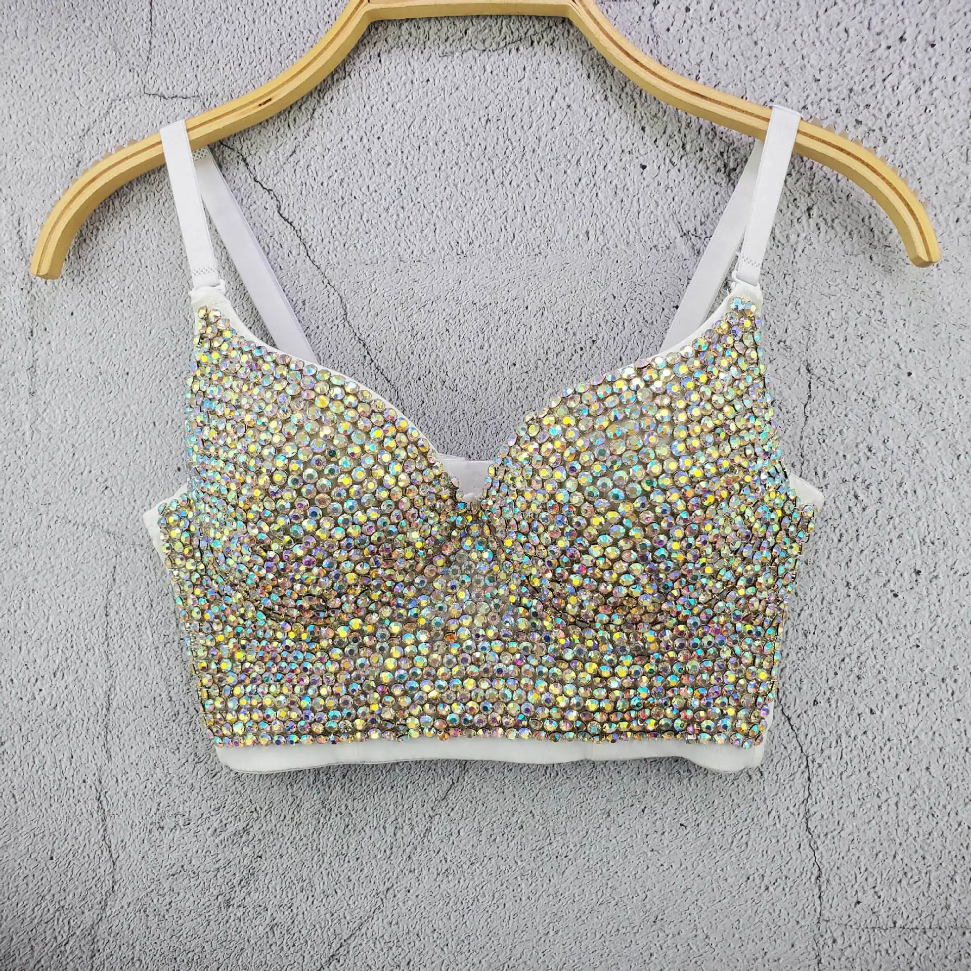 8 Colors Women High Street Beading Diamonds Top Party Club Stage Arena Spaghetti Strap Short Designer Fashion Sparkly Camis