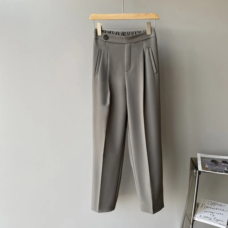 

Work Style Ol Elegant Solid Trousers Elastic High Waist Pleated Design Straight Pantalon 2021 Spring Chic Ankle-Length Pants