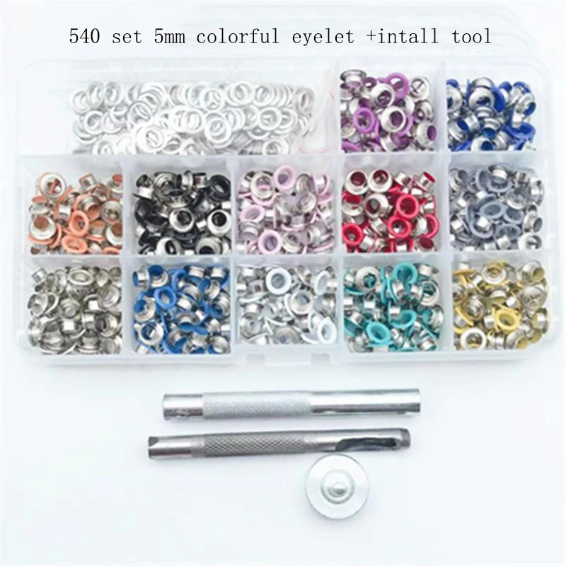 

540 наборов 5 мм, внутренний диаметр, красочная латунная проушина, инструмент для установки, втулка, подходит для кожаного перфоратора