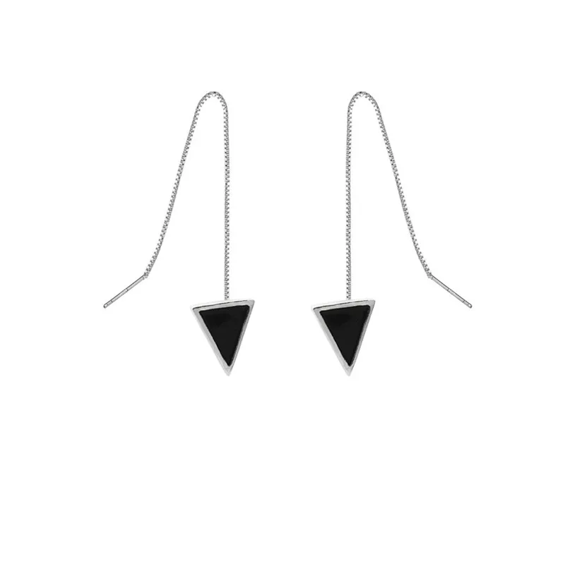 

Fengxiaoling 100% Genuine 925 Sterling Silver Long Tassel Geometric Black Drop Glaze Triangle Drop Earrings For Women Jewelry
