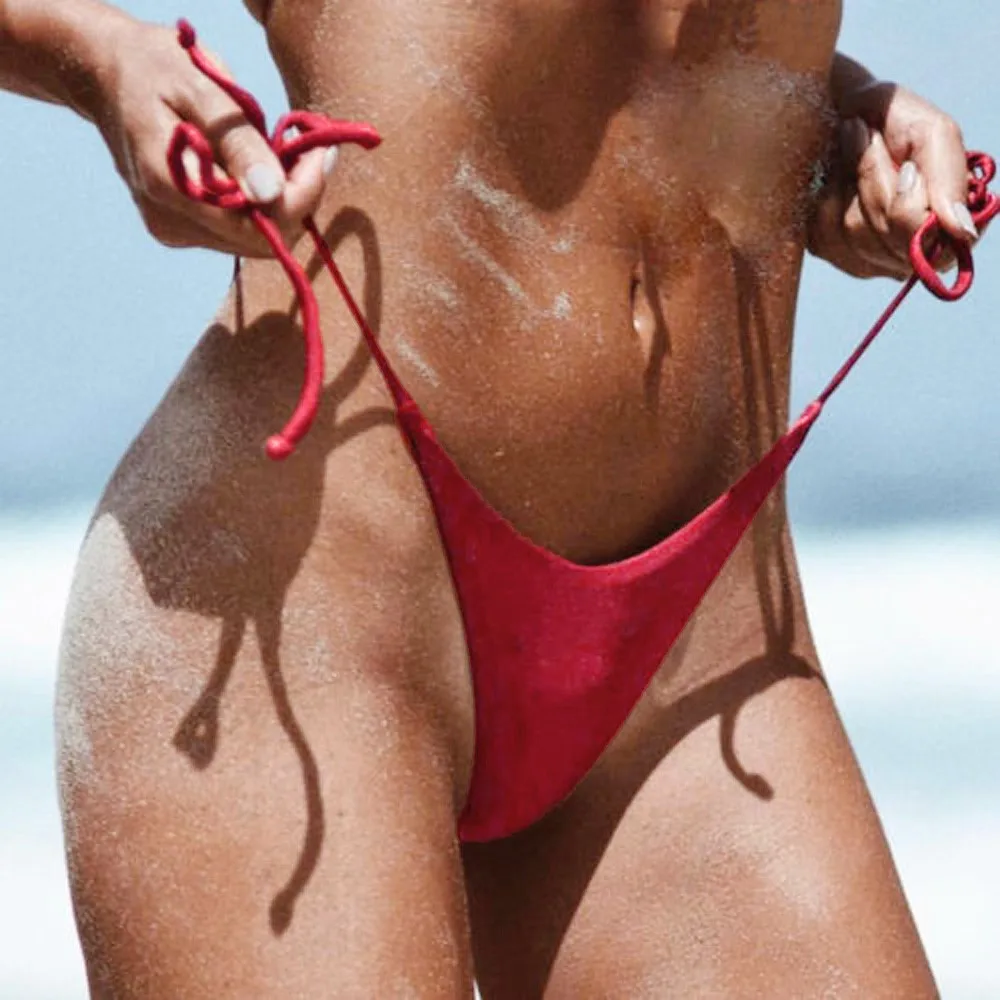 Women Plus Size Bandage Swimwear Trunks High Cut Brazilian Cheeky Bikini Bottom Side Tie Thong Bathing Pure color elegant | Спорт и