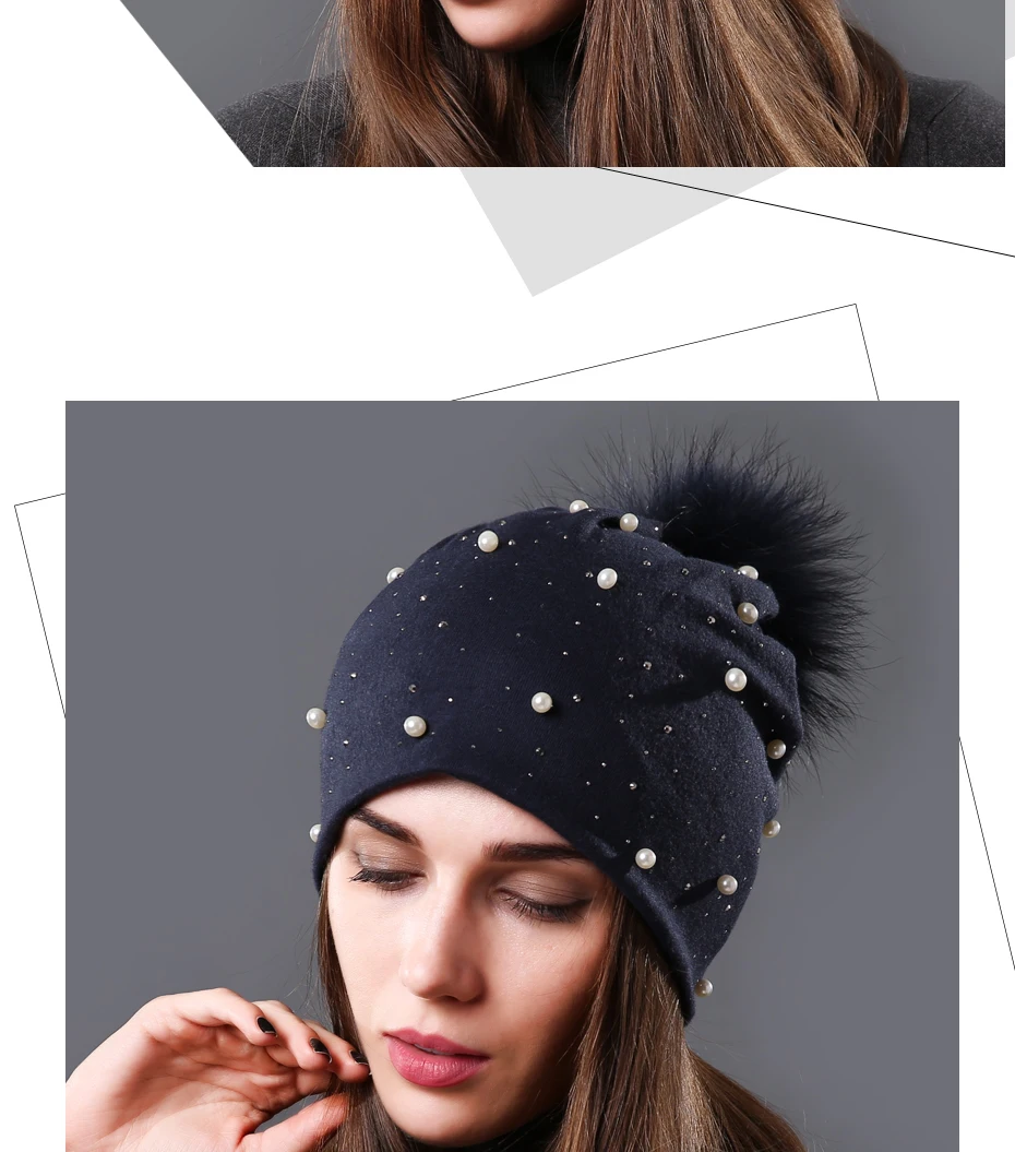 New Women's Pearls Beanies Winter Causal Solid Rhinestone Pearl Slouchy Beanies Hat with Raccoon Fur Pompom Femme Black Cap