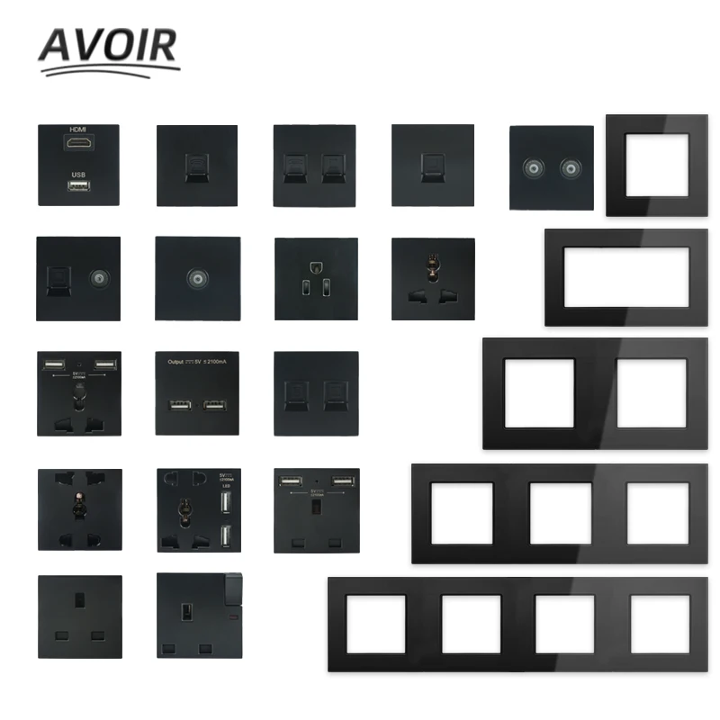 

Avoir Black Usb Wall Socket Glass Panel Electrical Outlet Function Key UK UN US Double Plug TV RJ45 Sockets DIY Free Combination