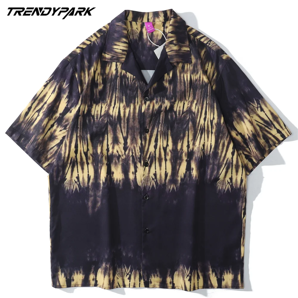 

Men's Vintage Beach Shirt Hawaii Holiday Casual Harajuku Short Sleeve Tops Tie-dye Print Oversized 2021 Summer Hawaiian Shirt