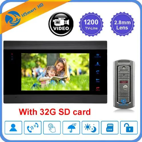 HD-EM706B-R01-32G 7 дюймов видео дверной звонок Домофон 1200TVL ИК камера видео дверной звонок детектор движения запись домофон+ 32 г SD карта - Цвет: HD-EM706B-R01-32G