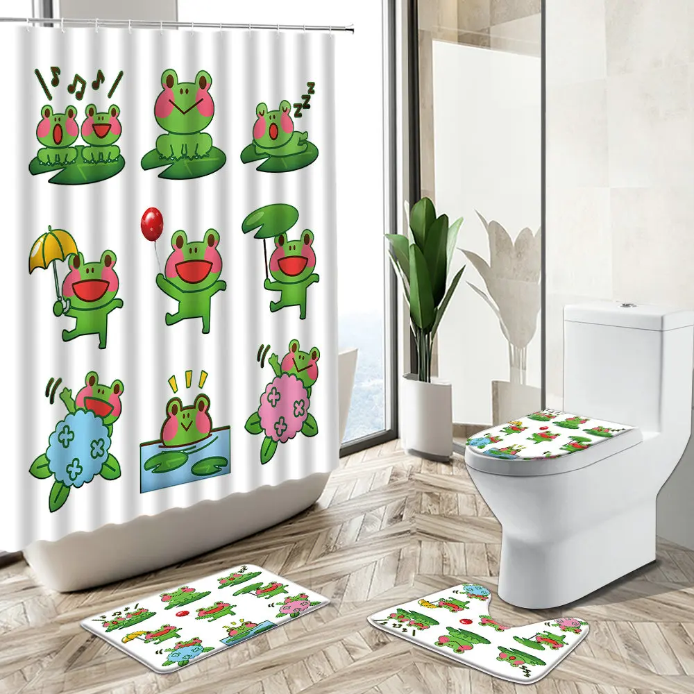 Offerte Fun Frog Kid Bagno Tenda Da Doccia Set Animali Da Cartone Animato Piante Verdi Fiori Amore Decorazioni Per La Casa Tappeto Antiscivolo Copriwater Tappetino Da Bagno