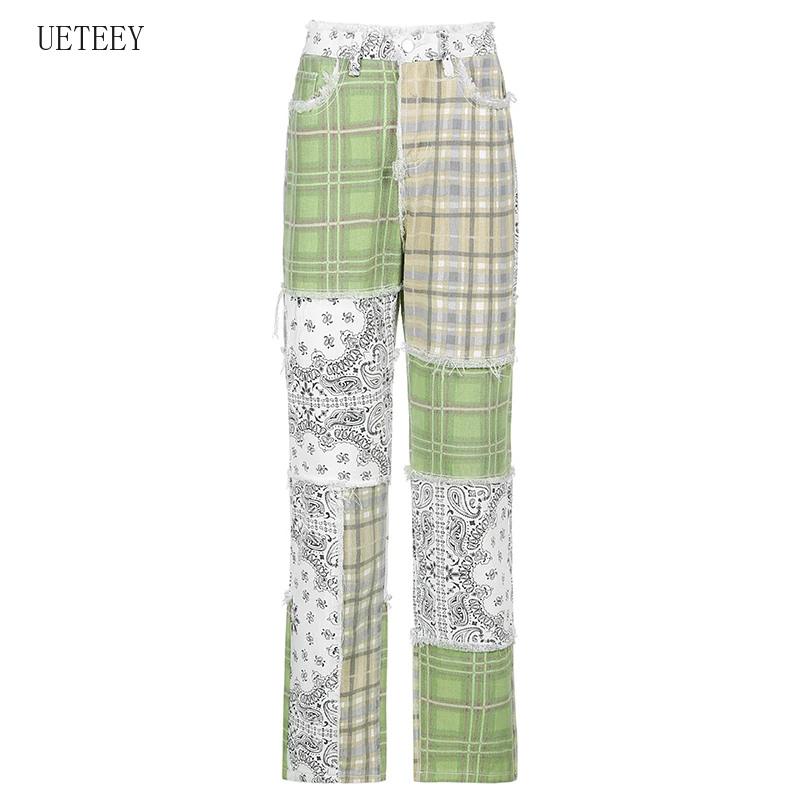 

Streetwear Checker Patched Ripped Y2K Straight Jeans For Girls Fashion 2021 High Waist Female Vintage Plaid Denim Pants Women