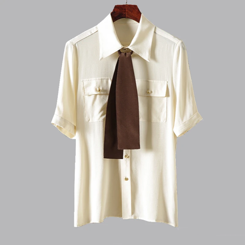 

100% Silk High Quality Women Fashion Summer Elegant Sweet Cute Temperament Bow Lapel Pocket Loose Short Sleeve Silk Shirt Blouse