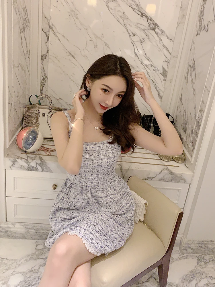 

Light Linen Blue Fringes Rhinestone Bowknot Celebrity Xiaoxiang Dress New Style Women's Pleated Waist