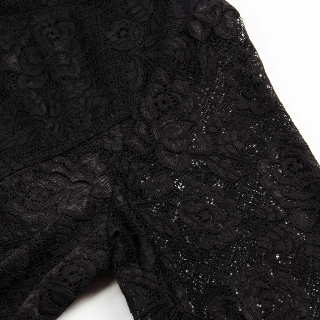 Женское кружевное платье на молнии однотонное черное с длинным рукавом длиной в