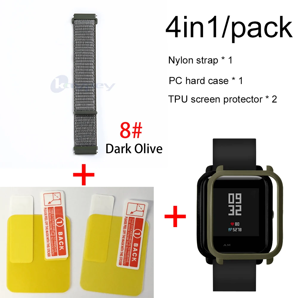 8-Army Green case 4в1 для Xiaomi Huami Amazfit ремешок bip браслет нейлоновая петля Smartwatch Браслет amazfit bip чехол с защитой экрана - Цвет: 8-Army Green case