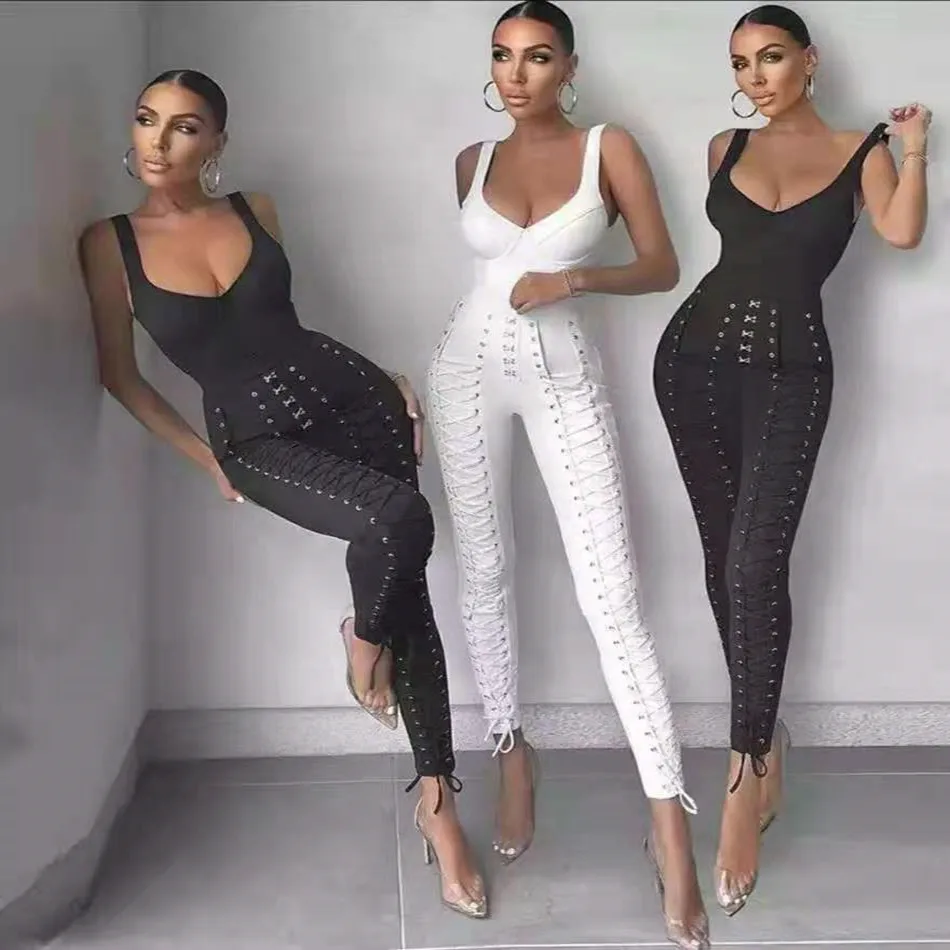 

2021 New Arrival Black White 2 Pieces Set Women Top Quality Side Criss Cross Rayon Bandage Set Full Length Party Fashion Set
