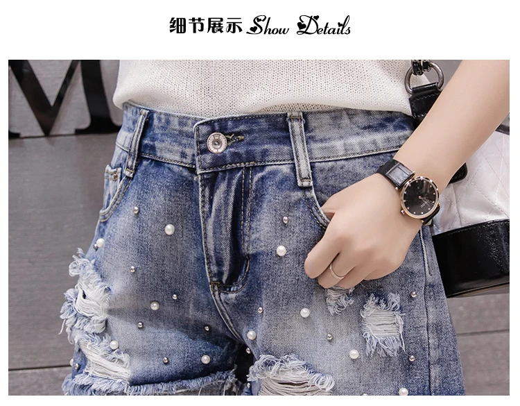 Летние женские модные джинсовые шорты с высокой талией Украшенные бусинами и |