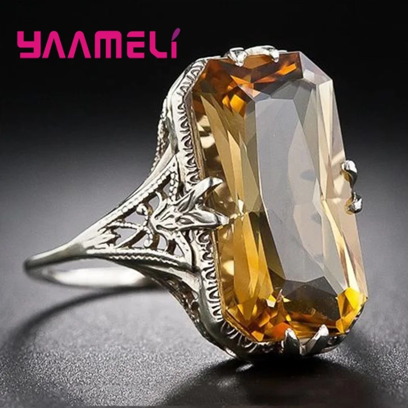 

Vintage Big Charms CZ Diamond Ring Antique 925 Sterling Silver Rectangle Cutting Yellow Topaz Finger Hand Ornament Jewellery