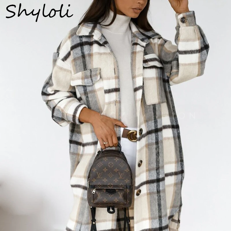 

Shyloli 2021 Hottest Popular Elements Printed Striped Autumn And Winter Women Long Sleeved Plaid Mid Length Women Jacket