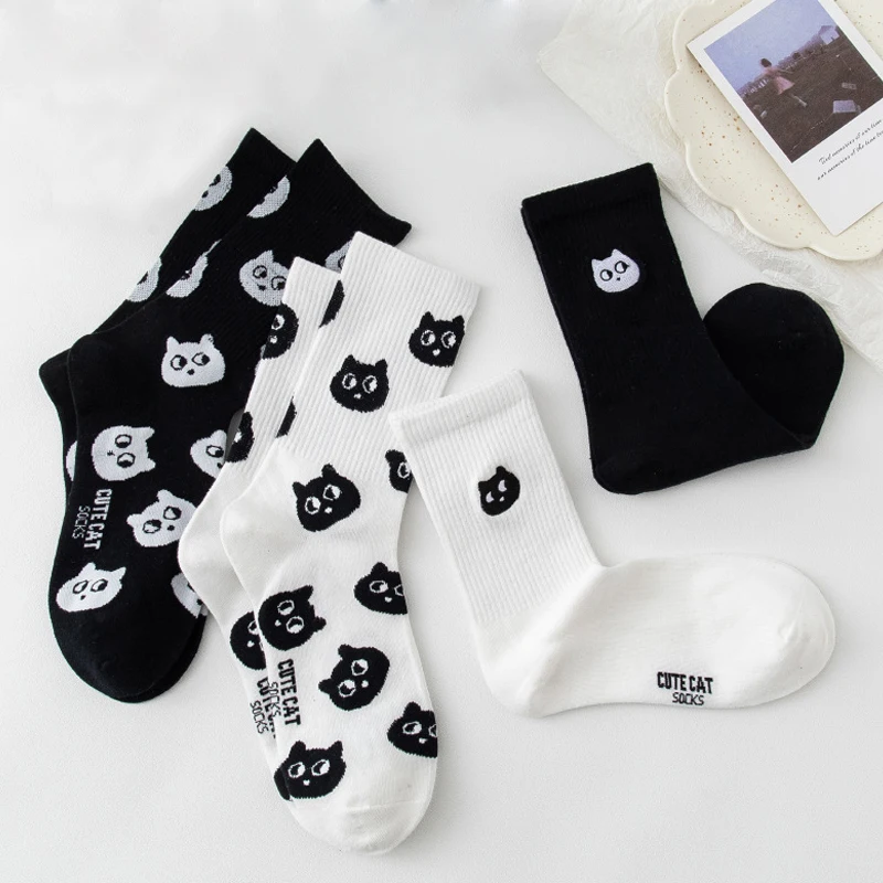 

Short Casual Creative Cat Black White Embroidered Cartoon Kitten Mid-tube Cute Cotton Socks Couple Street Women Men Funny Socks