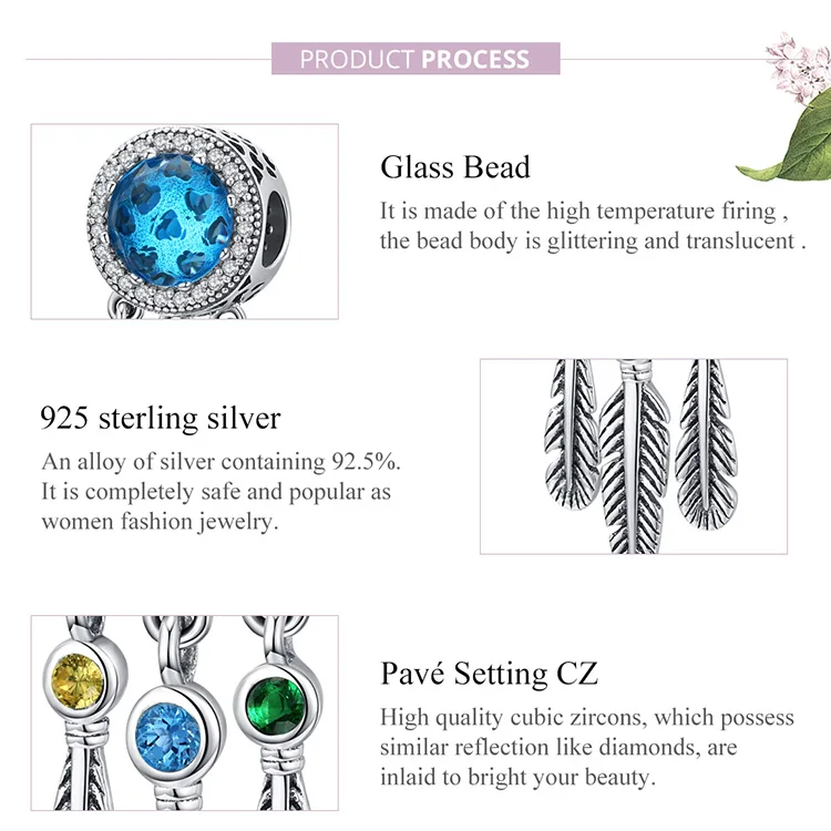 

Sterling Silver 925 Jewelry Making Dream Catcher Feather Long Glass Beads Charm fit Original Women Bracelet Bijoux