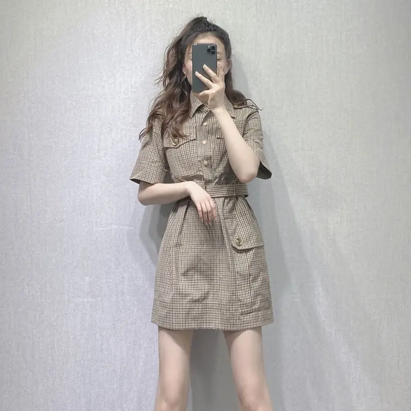 

2021 summer new short sleeve retro check dress women's European goods tide