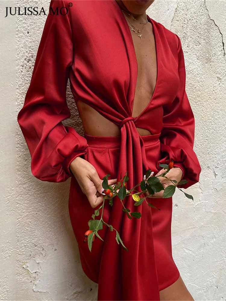

JULISSA MO 2022 Fashion Spring Satin Bandage Mini Dresses Long Sleeve Hollow Out Waist Sexy Party Dress Femme Evening Clothes