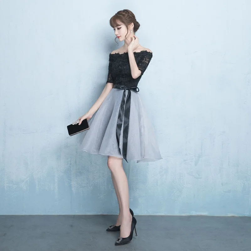 

Women Elegant Slash Neck Evening Party Gown XS-2XL Sexy Short Lace Mesh Patchwork A-Line Dresses Sweet Bow Trim Banquet Dress