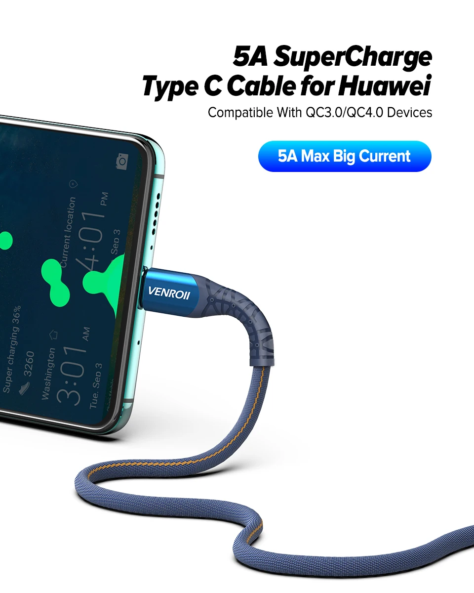 Venroii usb type C кабель для быстрой зарядки USBC 5A SuperCharge Kable для huawei mate 20 30 Pro Honor Quick Charge шнур для мобильного телефона
