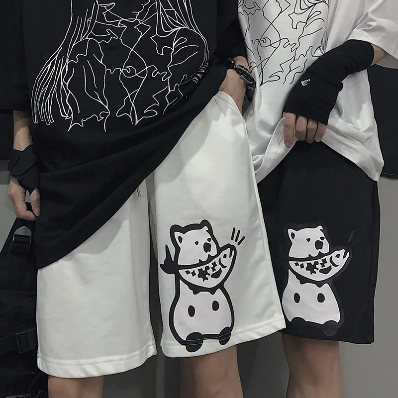 

Men Women Harajuku Shorts Cartoon Print Joggers Sweatshorts Summer Casual Pocket Half Sweat Streetwear 2020