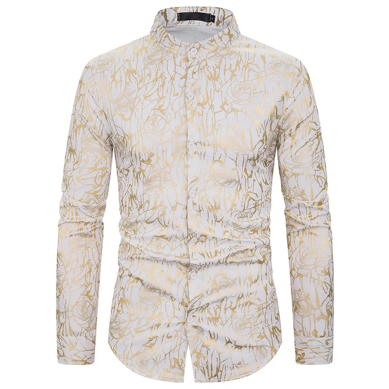 Мужские Золотые рубашки с цветочным принтом приталенная рубашка длинным рукавом