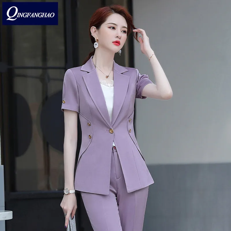 Purple business suit trousers Korean version of the slim business suit suit goddess fan work clothes two-piece suit pants pants summer seven sleeved suit suit male korean version of the slim fashion hair stylist trend leisure suit two piece
