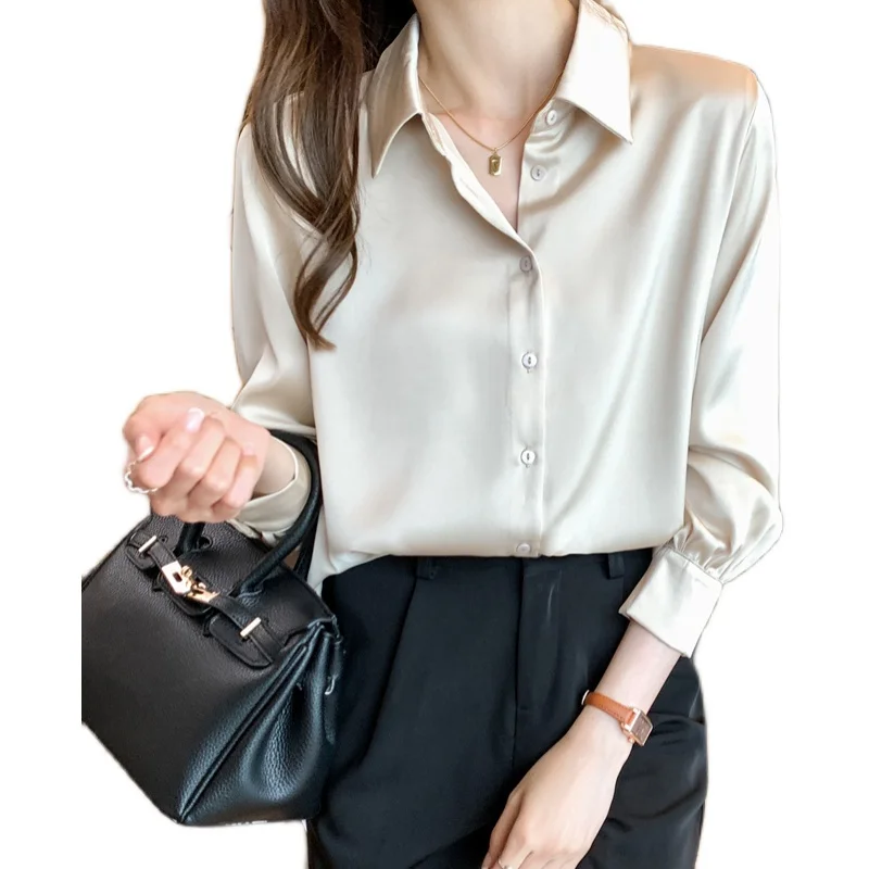 

Autumn New Women's Blouses Polo Shirt Long Sleeve Tops Comfortable Blouse Pure Color Satin Casual Fashion Lady Loose
