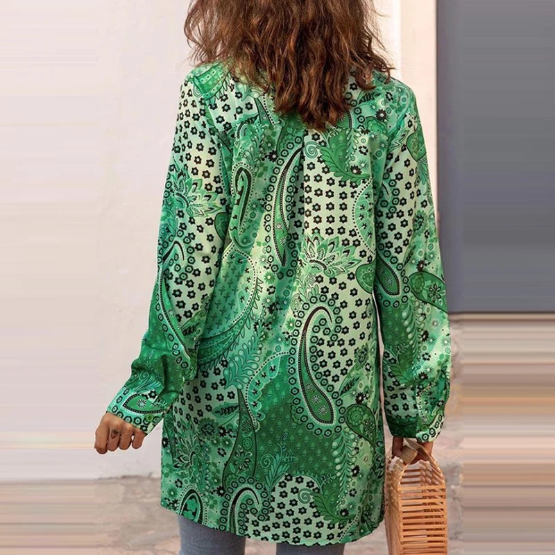 

New Autumn Fashion Print V Neck Cardigan Chiffon Blouses Elegant Buttons Party Long Sleeves Shirt Casual Streetwear Ladies Shirt