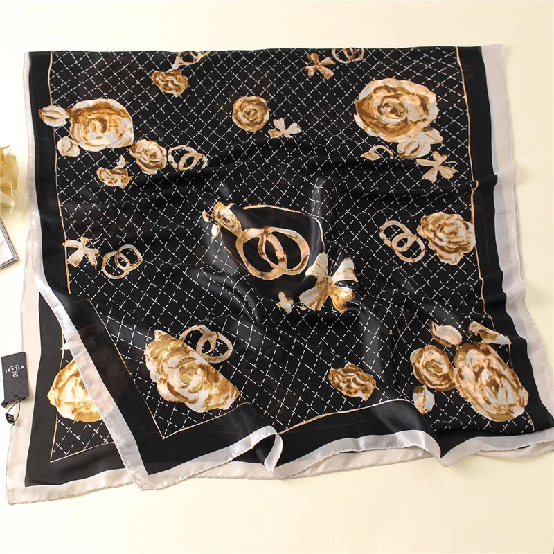 

Yulaili Women Silk Scarf Fashion Flower Print Scarves Lady Black Shawls Silk Women Scarf Foulard Satin Hijab 2020