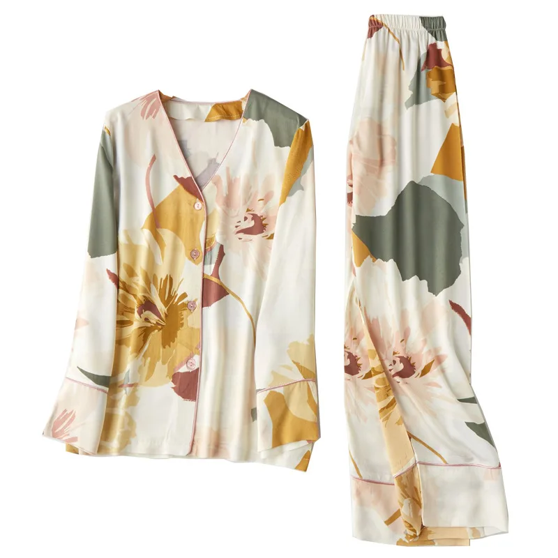 Autumn Ink Printing V-neck Long-sleeved and Long Trousers Suit Sleepwear for Ladies Large Size Cardigan Home Two-piece Clothes
