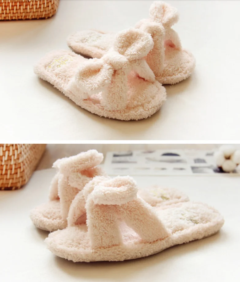 Шлепанцы женские домашние мягкие Меховые Нескользящие с милым бантом короткая