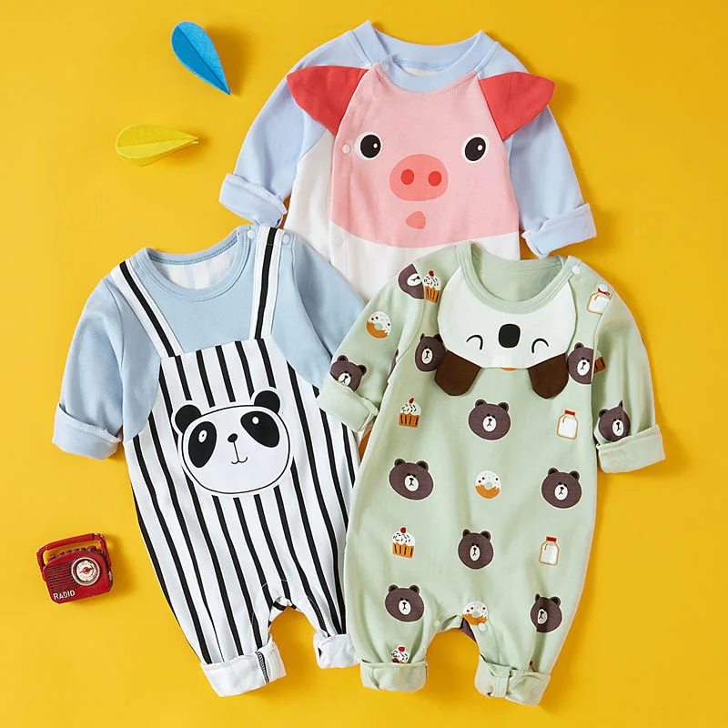 

2021 Spring and Autumn New Newborn Long-sleeved Cute Cartoon Tie Printing Kids Children's One-piece 2 Sets 1 Lot XB34