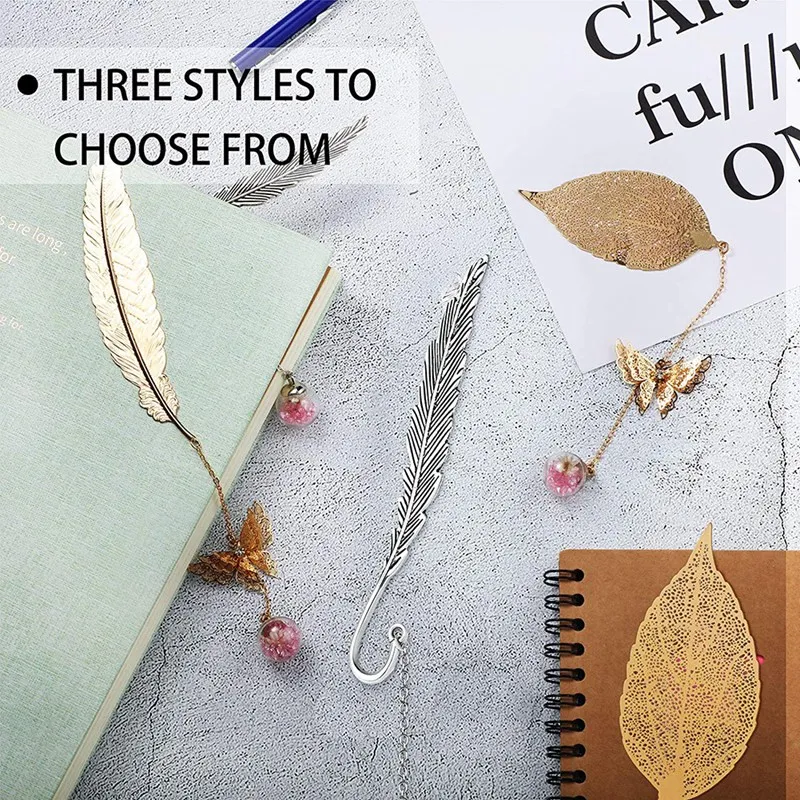 

6 Pieces Metal Feather Bookmark Metal Leaf Bookmark with Book Clip Pendant 3D Butterfly Pendants, with Beads Pendant