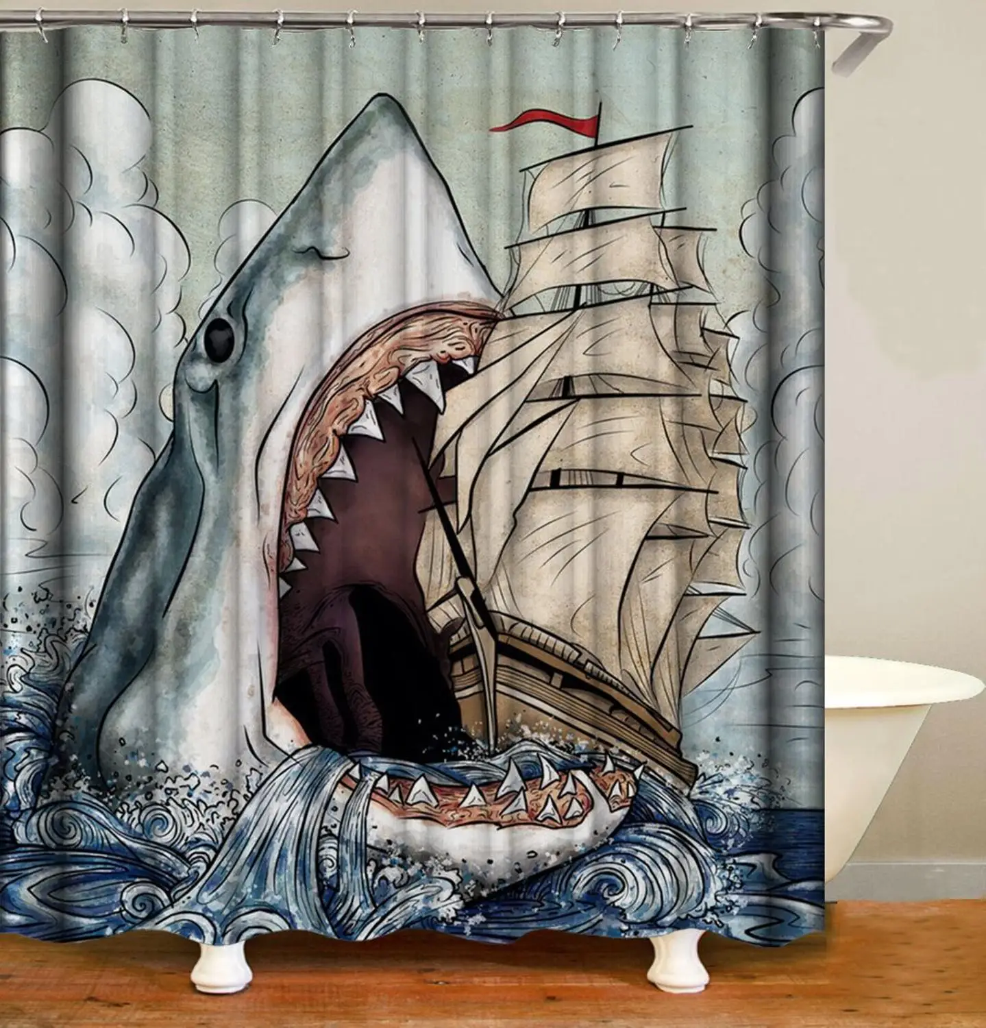 

Shower Curtain, Bathroon Curtains-Shark,Carton,Boat,For Kids, Children