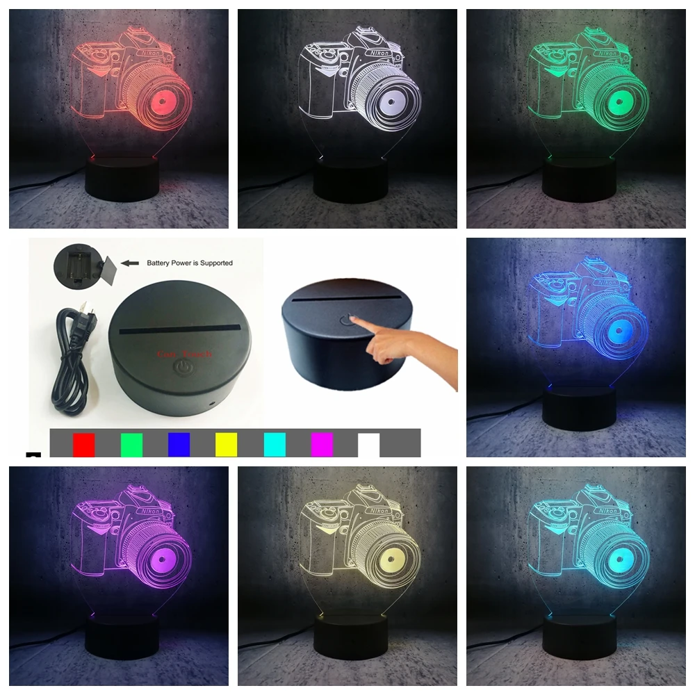Black Touch 7Color Светодиодный светильник Nikon camera, светильник ing, креативный 3D светодиодный USB светильник, ночник, подарки для подростков, декор для комнаты, настольная лампа, подарок для фотографов - Испускаемый цвет: Black Touch 7Color