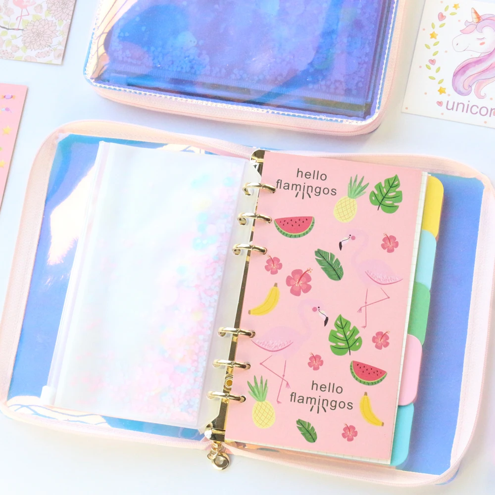 Domikee cute laser transparent PVC zipper refillable binder spiral notebooks kawaii office school unicorn notebook stationery A6 |