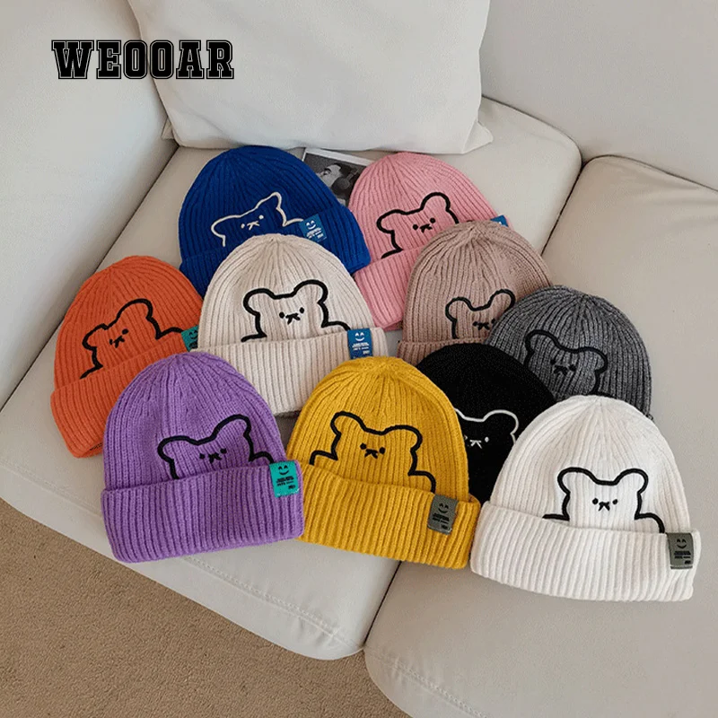 

WEOOAR 2021 Bear Winter Knitted Hat for Women Men Hat Beanie 2021 Cartoon Knitting Wool Hip Hop Caps Cute Ladies Kids Bone MZ239