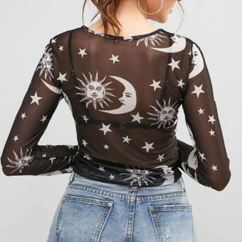 Женская Сетчатая футболка с принтом Sun Moon тонкая длинным рукавом винтажная