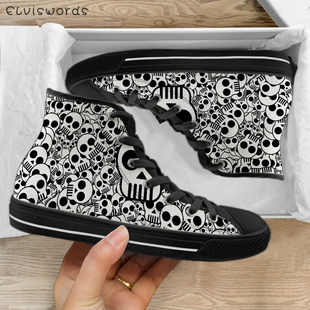 

ELVISWORDS 3D Sugar Skull Design Women Casual High Top Canvas Shoes Vulcanize Flats Shoes Spring Lace Up Sneakers Zapatillas New