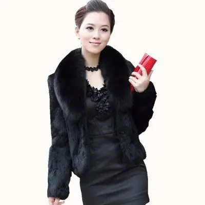 Black Женское пальто из искусственного меха черного цвета, 5XL размера плюс, короткая куртка, новинка, Зимняя мода, для мамы, мех кролика, приталенное пальто с воротником из зеленого лисьего меха, LD109 - Цвет: Black