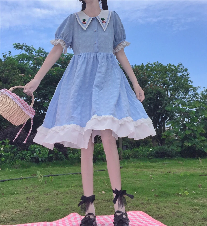 

Japanese-Style Cute Doll Collar Puff Sleeve Short Sleeve Midi Full Body Dress Girl 2020 New Summer renaissance gothic dress