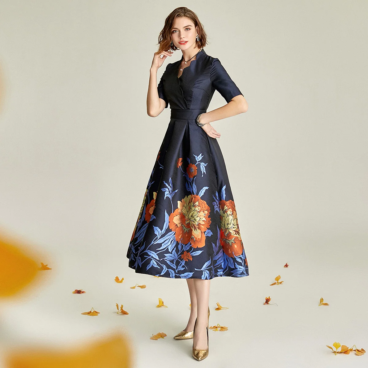 Original Design England Style Floral Jacquard Drss V-neck Women Luxury Evening Dress Vintage New Year Slim Waist Zipper | Женская одежда