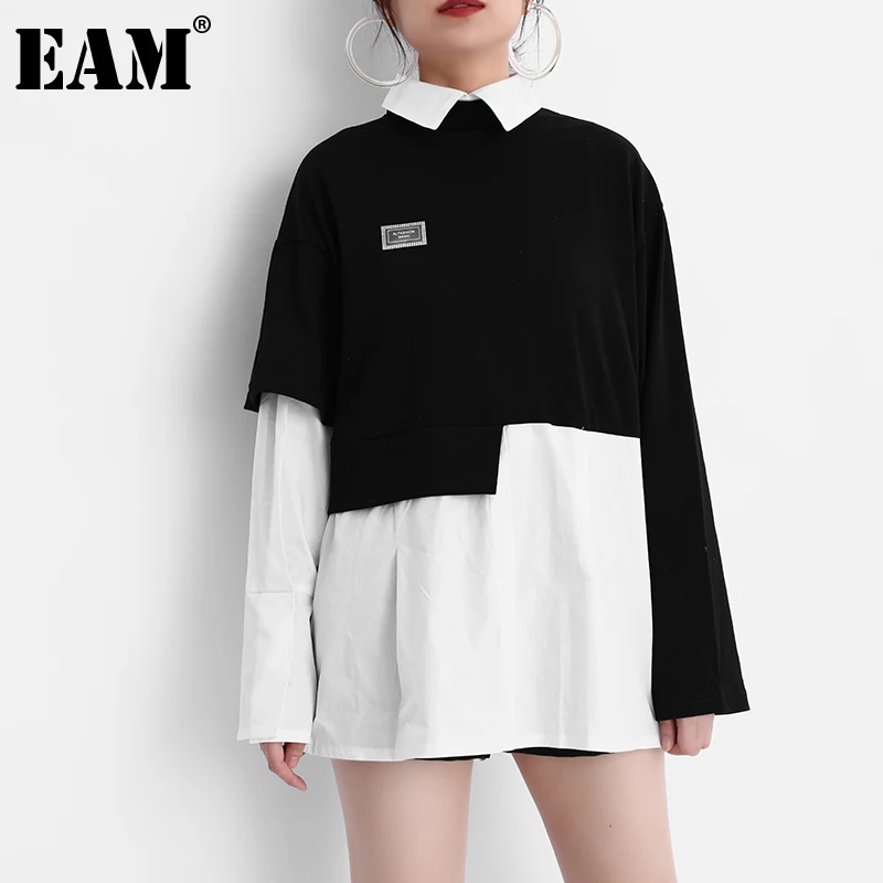 

[EAM] Women Black Blue Color-block Big Size Casual T-shirt New Lapel Long Sleeve Fashion Tide Spring Autumn 2021 1DD665601