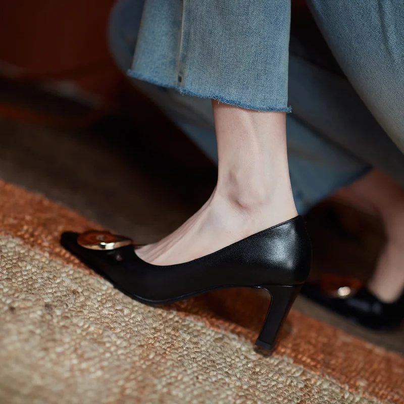 

ZVQ Woman Genuine Leather Pumps Heels Spring New Style Square Toe Fashion Office Lady Shoe Concise Comfortable Metal Decoration