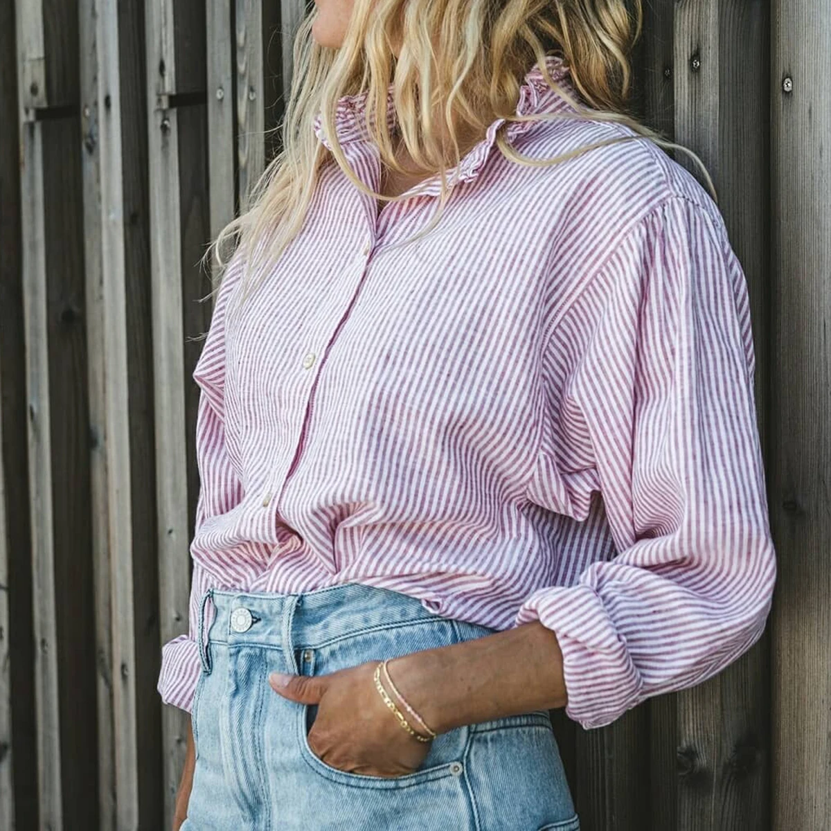 

Pirate Hippie Striped Ruffles Blouse Woman Autumn Long Sleeve Single Breasted Cotton Shirts Casual Vintage Femme Chemise Tops